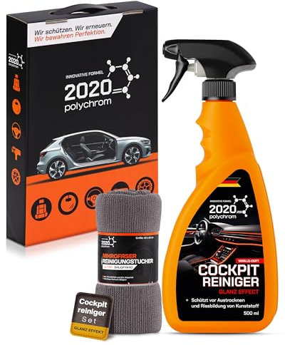 2020 Polychrom Set per la cura dell'abitacolo – detergente per abitacolo pH neutro con effetto lucido e microfibra – detergente per plastica per cruscotto e interni – spray per abitacolo senza strisce
