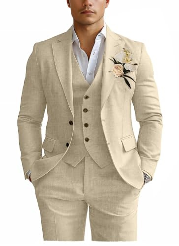 Costume de smoking 3 pièces en lin pour homme - Coupe ajustée - Pour la plage, les mariages, les affaires, le marié et le bal