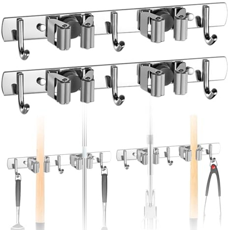 DHSWNNG 2 PCS Stainless Steel Broom Mop Holder, Self Adhesive broom holder wall mounted with 6 Hooks and 4 Racks Mop Hanger Broom Storage for Kitchen (Grey)