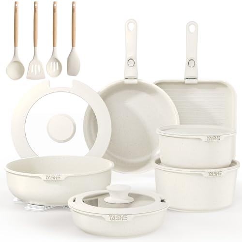 YASHE Batterie de cuisine 21 pièces, Ensemble de casseroles et poêles antiadhésifs, poignées amovibles, couvercles en verre, compatible induction, four, empilable, blanc