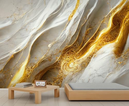 YEMYOR Marble Mural Wallpaper Luxury Golden Marble Wall Mural Golden Fluid Art Dining Room Murals White Gold Marbles Sofa TV Background Wallpaper for Living Room Bedroom-200x140cm