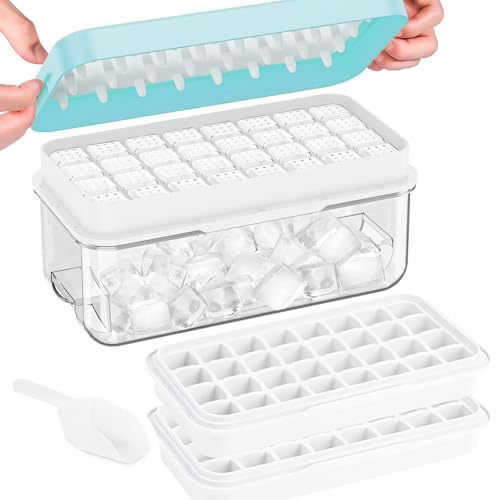 Vassoi per cubetti di ghiaccio con coperchio, stampo per cubetti di ghiaccio a 64 griglie - senza BPA, vaschette per cubetti di ghiaccio quadrate con rilascio facile in un secondo (Blu, 2 livelli)