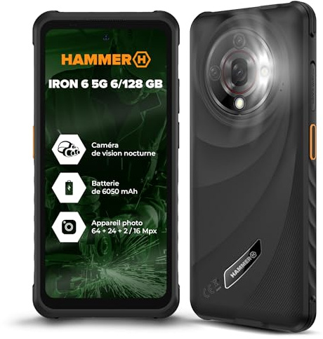HAMMER Iron 6 5G 14GB/128GB Rugged Smartphone, 6050mAh Battery, 64MP Night Vision Camera, 6.56 120Hz Display, Android 15, 18W Fast Charge, IP69 Waterproof, Dual SIM, NFC