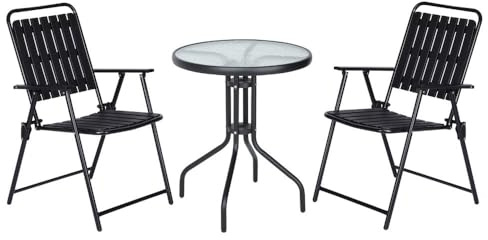 MONTY Set de Jardín Bistro de 3 Piezas Que Incluye 1 Mesa 60cm y 2 Sillas Plegables Negras. Tratamiento anticorrosión y UV. De Acero, Polipropileno Negro y Cristal Templado.