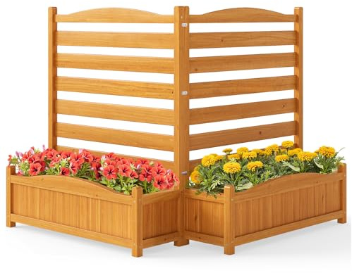 Giantex 2-Panel Air Conditioner Fence with Planter Box, 40''H No-Dig Wooden Privacy Screen for AC Unit, Trash Can & Pool Equipment Enclosure, Slatted Outdoor Garden Fence for Patio, Backyard