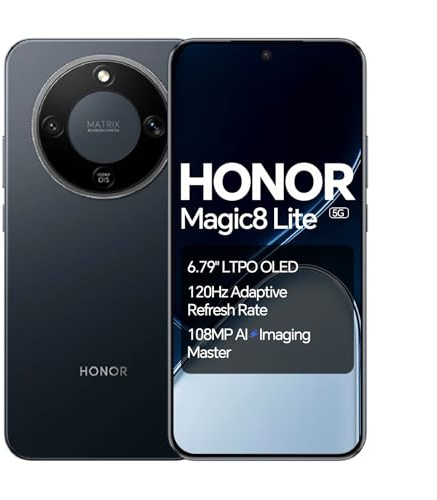 HONOR Magic8 Lite Smartphone, Pantalla AMOLED de 6,79 Pulgadas, Triple Resistencia IP68/IP69K, batería de 7500 mAh, cámara de 108 MP Con OIS, Doble SIM, NFC (Black, 512, GB, 8, Go)