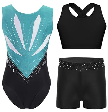 Yiesvsov Turnanzug Kinder Kurzarm Gymnastikanzug 3-teilig Schulterblumenlose Balletttrikot Mit Leotard Und Strass Hosen Tanzanzug Für Eiskunstlauf Und Yoga