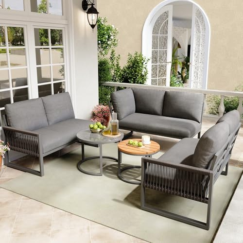 Lahoomu Garten-Lounge-Set, Möbelset für 6-7 Personen, Ecksofa mit verzinktem Eisengestell, verstellbare Beine, inklusive Sitz- und Rückenkissen, Gray