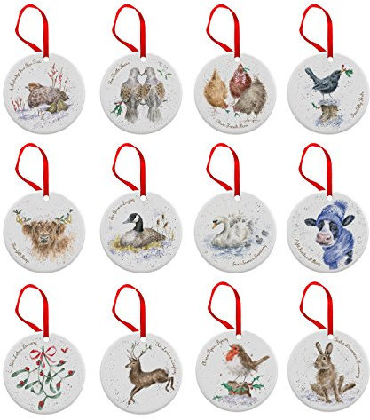 Portmeirion Home & Gifts WN4023-XG Wrendale 12 Days of Christmas Decorations, Bone China, Multi Coloured, 0.5 x 7 x 7 cm