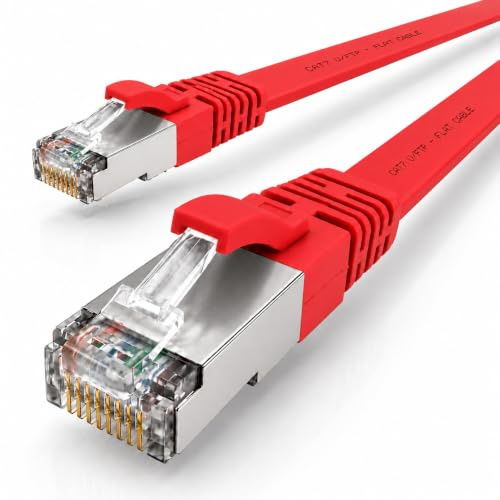 1aTTack.de 15m - red - 1 piece CAT.7 Gigabit Ethernet LAN ribbon ribbon cable (RJ45) network cable raw cable (10Gbit/s) installation cable flat slim compatible with Cat.5 - Cat.5e - Cat.6 | Flat U/FTP Patch Cable up to 10Gbps, Compatible with Cat6a/Cat6/Cat5e/Cat5, for Router, Modem, Switch, PC, TV and NAS