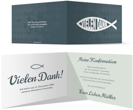 Kartenmachen.de personalisierte Konfirmation Dankeskarten DIN A6 Klappkarten - Moderner Jesus Fisch, ab 10 Stück Menge wählbar