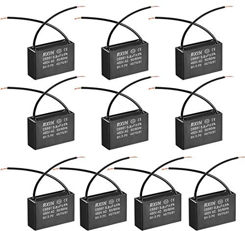 sourcing map Ceiling Fan Capacitor CBB61 0.8uF 450V AC 2 Wires Metalized Polypropylene Film Capacitors 36.5x11x24.5mm for Water Pump Motor Generator, Pack of 10