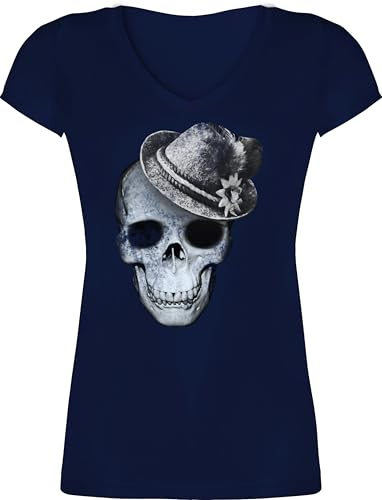 T-Shirt Damen V Ausschnitt - Kompatibel Oktoberfest - Totenkopf mit Filzhut - 3XL - Dunkelblau - mädchen trachtenshirt Trachten-Tshirt bayrische Skull Shirts Shirt tailliertes Trachten Tshirt