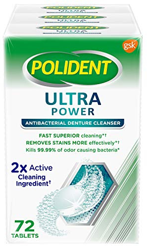 Polident Ultra Power Effervescent tandprotesrengöringstabletter, antibakteriell tandrengörare - 72 stycken (förpackning med 3)