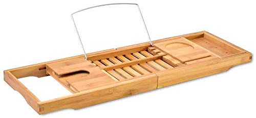 Unibos Bamboo Bathtub Caddy Tray Extendable Spa Organizer with Folding Sides Natural Eco Friendly Bath Caddy Bridge Tablet Smartphone Wine Book Holders