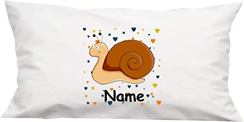 Shirtinstyle Kuschelkissen Schnecke mit Wunschnamen Tiermotiv Herzen Sterne, Kinderzimmer Kuscheln, Kopfkissen Dekokissen mit Füllung, Größe 40X80cm, Farbe weiß