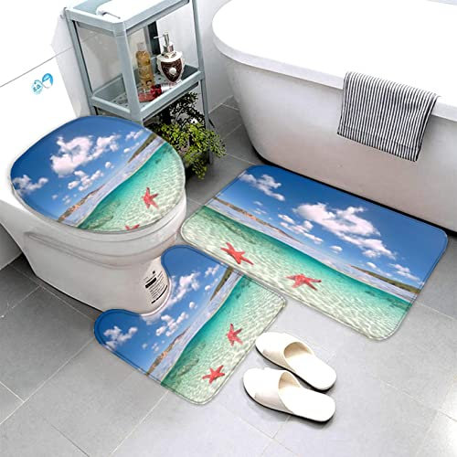 AOLIGL Badematte Türkis,Seestern des Meeres Badematten Set rutschfest Waschbar Badgarnitur 3teilig - WC Deckelbezug U-förmigen Contour Badezimmerteppich Matte Flauschige Mikrofaser