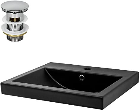 ML-Design Lavabo en Céramique Noir Mat 53,5x46x16,5 cm, Rectangulaire, avec Bouchon de Vidange 1 1/4, Trop-Plein et Trou pour Robinet, Vasque à Encastrer Moderne, Évier Lave-Mains Salle de Bain