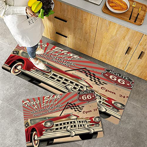 Küchenteppich Teppich Läufer Küchenläufer 2 Stück rutschfest,Autos, Reifen Shop und Service Route 66 Emblem Werbung Retro Style Poster Print, rot grau , Waschbar für Flur Küche 40 x 100 cm+40 x 60 cm