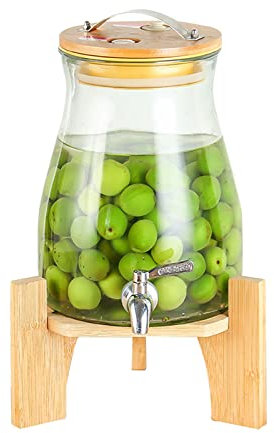 SYALEO Fria Dispensador de Bebidas de Vidrio con dispensador de Bebidas heladas con Espiga de Acero Inoxidable con Tapa de bambú y dispensador de Agua con Soporte para Uso Diario Garrafa de Agua
