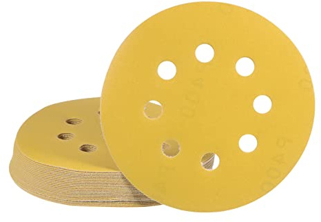 sourcing map 25 discos de lija amarillos de 5 pulgadas, grano 400, papel de lija de gancho y bucle, 8 agujeros, papel de lija profesional para automóvil, metal, madera
