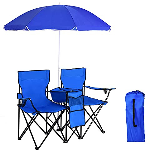 GOPLUS Chaise de Camping Pliante 2 Places avec Parasol, Fauteuil Camping Extérieur AVCE Poche, Porte-gobelets et Sac de Transport, Idéal pour Plage, Pêche, Barbecue, Pique-Nique (Bleu)