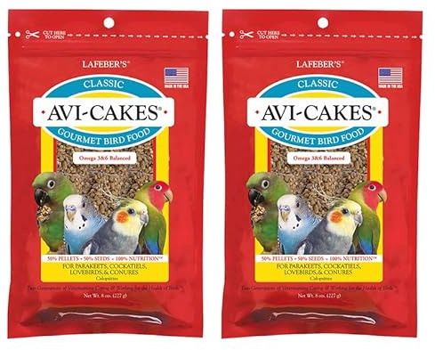 LAFEBER'S Classic Avi-Cakes Pet Bird Food, Made with Non-GMO and Human-Grade Ingredients, for Cockatiels Conures Parakeets (Budgies) Lovebirds (8 oz Pack of 2)