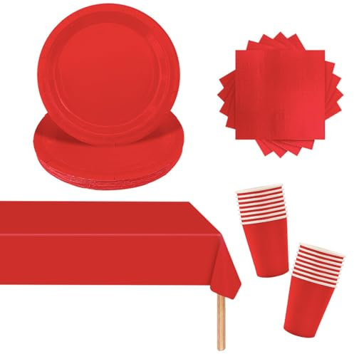 53PCS Papiergeschirr Rot Papier Geschirr Set Party Weihnachts Party Geschirr Set, Rot Tischdecke Rechteckig,Pappteller,Servietten,Pappbecher für Geburtstag,Hochzeiten,Weihnachten Dekoration