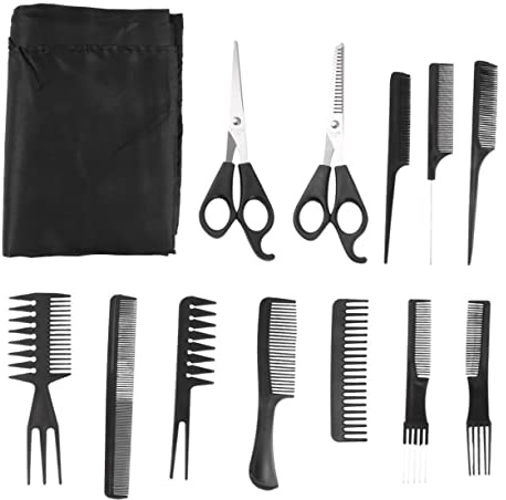 Haarschneidewerkzeug Kunststoff Schwarz für Herren 13 Stück | Kamm, Bürste, Schere und Schneidekamm, Schürze und Wischtuch, für Zuhause und Barbershop