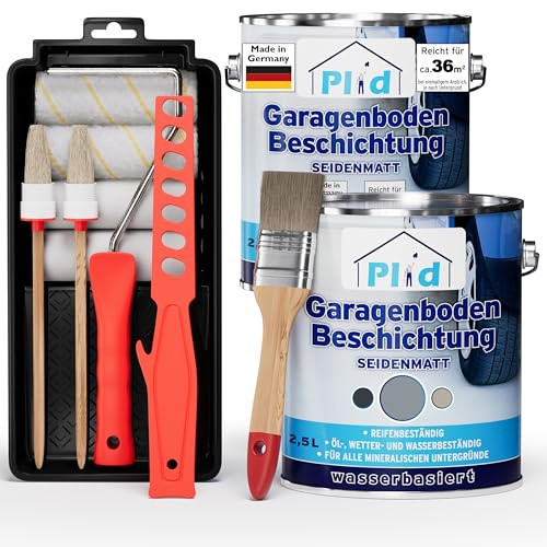 Plid® Set peinture sol garage béton – 5 L Gris argent satin – kit complet/Revêtement étanche et résistant au gel, huiles, diesel et carburants – Usage intérieur/extérieur – Made in Germany