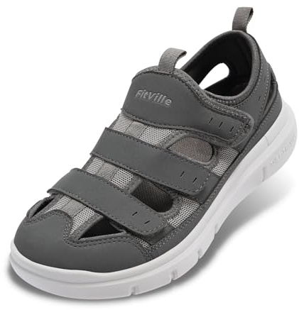 FitVille Diabetiker Sandalen Herren Extra Weit Orthopädische Schuhe mit Klettverschluss Verstellbare Gesundheitsschuhe Bequemer Rehaschuhe für Senioren Schuhe für Geschwollene Füße,Grau,47 EU,Weit