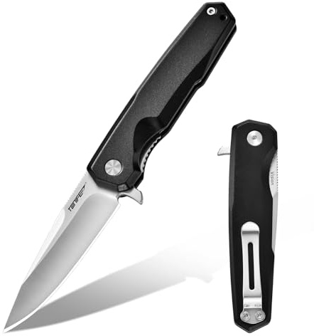 TONIFE Visión Cuchillo Plegable al Aire Libre con Hoja de 8Cr14MoV y Mango de Aluminio Cuchillo de Supervivencia con Clip de Bolsillo para Camping Bushcraft (Negro - Satín)