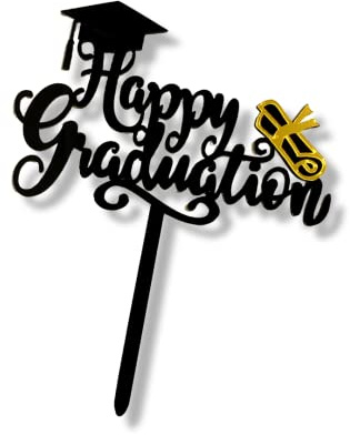 Acrylic Black and Gold Cake Topper Happy Graduation Hat Party Decoration Design Idea