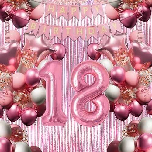 18. Geburtstagsdeko Mädchen, Rosa-Weiß Geburtstag Luftballons Set mit XXL Zahl 18, 40 Latexballons, 4 Folienballons, Rosavorhang & Happy Birthday Banner usw, Party Deko für 18-jährige Junge Frau