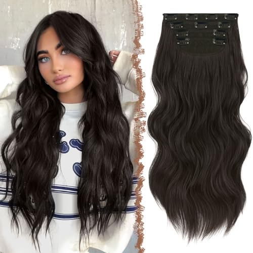 FESHFEN Clip in Extensions, 4PCS 50 cm Schwarz Braun Haarverlängerungen mit Clips Synthetik Gewellte Haarextension Schwarz Braun Wavy Haar Extensions Clip in Haarteil für Frauen, 180g
