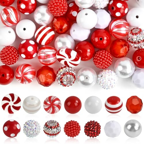 50 Stück Weihnachtsperlen 20 mm, Perlen Weihnachten Set mit Loch, Perlen Basteln Weihnachten, Bubblegum Perlen, Armband Perlen Weihnachten, Acrylperlen für Armband Anhänger DIY (Rot & Grün)