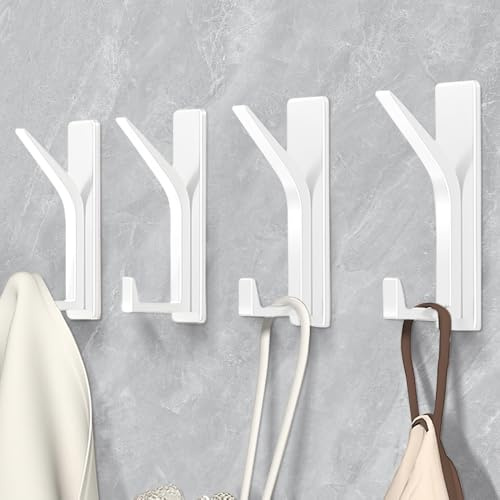 MIVITOOM Stick on Hooks for Hanging, Extra Srong Coat Hook on Door for Coat Towel Hat Key, Self Adhesive No-Nail Hook Hangers, White 4 Pack