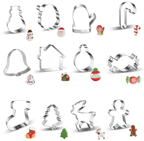12 Pcs Christmas Cookie Cutters Set, Stainless Steel Christmas Cookie Cutter Christmas Biscuit Cutters Christmas Tree Santa Claus Xmas Cookie Cutters for Baking
