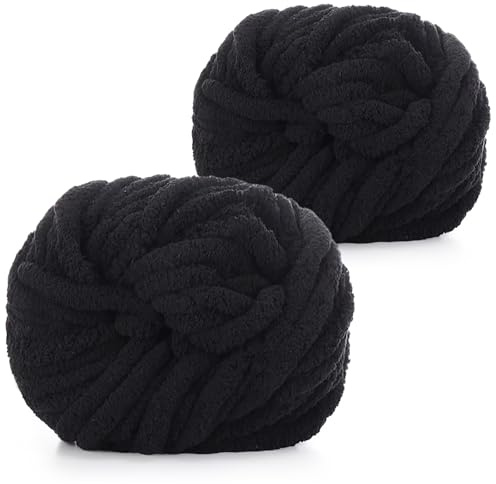 Coopay 2x240g Dicke Wolle zum Handstricken, Weiches Chunky Wolle- Schwarz | 27m/stk,2cm dicke,Flauschige Garn für Decken, Kissen