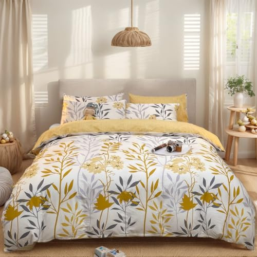 MOHAP Housse de Couette 220x240cm+2 Taies d'oreillers 65x65cm Motif Fleur Jaune Parure de Lit 2 Personnes 80 Fils/cm² en Microfibre Parure Housse Couette