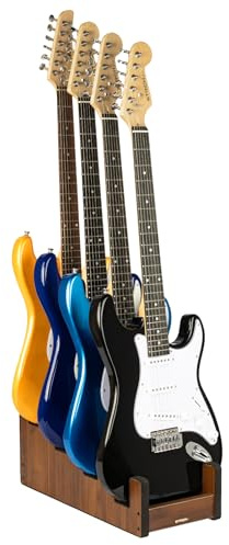 STRICH Gitarrenständer aus Holz für mehrere Gitarren, 4-Halter, Frontale Präsentation, Platzsparender Boden-Gitarrenständer für Zuhause, Studio, Bühne, Farbe Nussbaum, L-4EW (Für 4 E-Gitarren/Bässe)