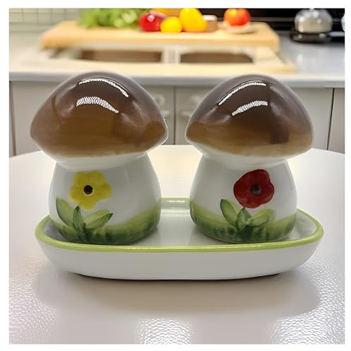 Esparcidor de pimienta de cerámica salada en forma de fresa, juego de 2 piezas | Latas de suministro de especias - Decoración hecha a mano para tu cocina (seta)