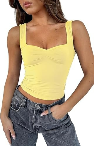 FOFAINWE Y2K kläder remmar toppar för kvinnor – plissé bustier sexig rygglös gå ut toppar ärmlös söt kvinnor crop skims dup, GUL, S
