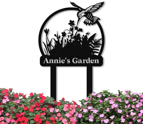 Personalized Garden Signs for Outdoor, Metal Custom Garden Sign with Stake Waterproof, Customized Metal Name Sign, Hummingbird Flowers Design Home Patio Yard Decor