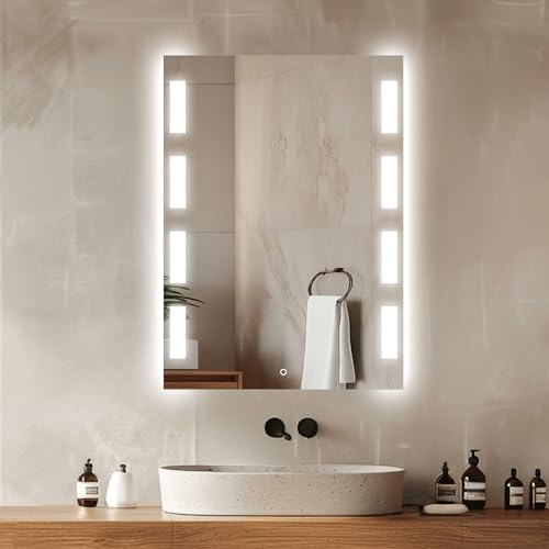 Venti Rechteckiger LED Badspiegel 50 × 70 cm, Seitlichen Leuchtmustern | LED Wandspiegel, Touchschalter, Neutralweißes Licht, Frontbeleuchtung mit Seitlichem Lichtdesign, Bad Spiegel mit Licht