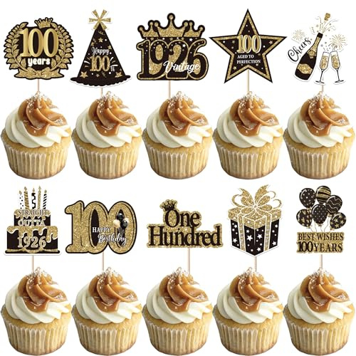 SYKYCTCY 40 Pack Happy 100th Birthday Cupcake Toppers Hello One Hundred Cheers to 100 Years Cupcake Picks 100 Fabulous Cupcake Decorations for 100th Birthday Party Cake Decor Supplies