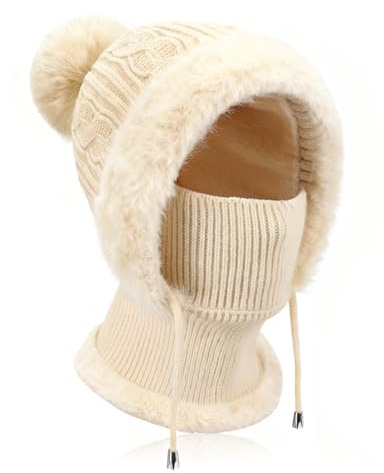 AYPOW Vinter stickad varm mössa mössa mössa för kvinnor, vindtät slokande dam balaklava ansiktsmask halsvärmare mössa hattar med hårboll, mjuk termisk fleece fodrad ullhatt halsduk set med huva