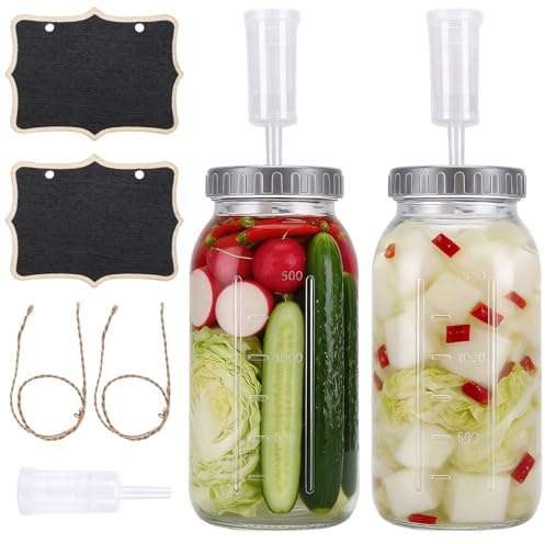 2 Pack Large Fermentation Jars with Airlock and Screw Lid 2L Capacity, Sauerkraut Fermenting Jar Sourdough Starter Jar Kimchi Container Kombucha Jar