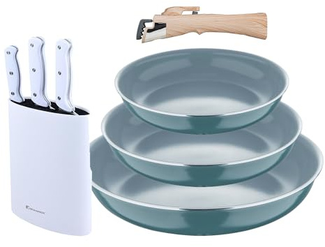Bergner Click&Cook Juego de 3 Sartenes Ø18Ø20Ø24cm Aluminio prensado reciclado Verde con Mango extraíble+Set de 3 Cuchillos con Tacoma