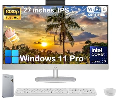 HP 27 Touchscreen All in One Desktop Computer, Intel Ultra 7 255U, 27 inch FHD Touchscreen Anti-Glare Display, 32GB DDR5, 2TB SSD, Intel AI Boost (12 NPU Tops), Windows 11 Pro, Wireless KB & Mouse